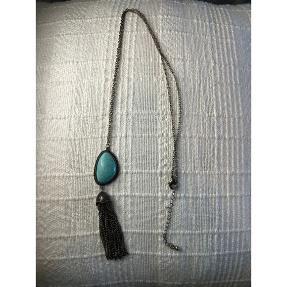 EUC Vintage Faux Turquoise Bronze 25" Necklace with Tassel Adjustable Long - Picture 1 of 3